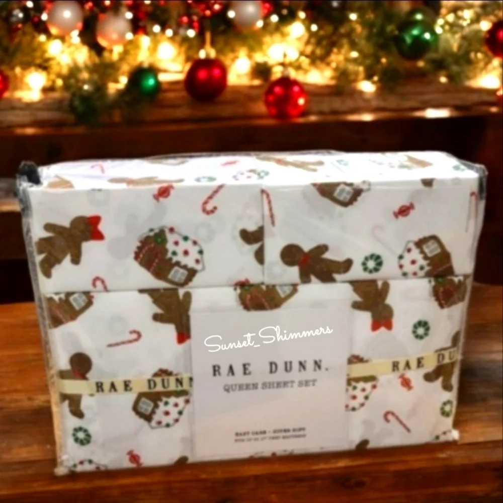 4 Piece Rae Dunn Gingerbread Christmas Queen Bed Sheet & Pillowcase Set New